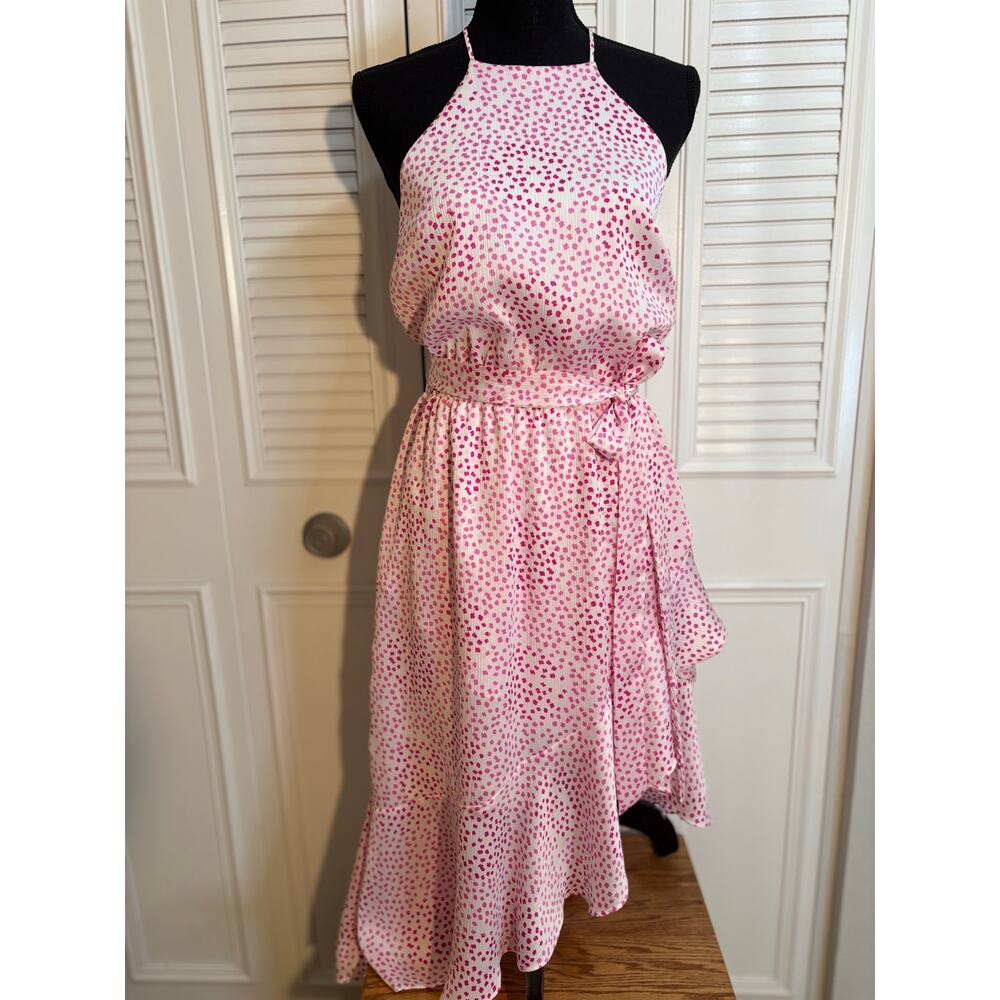 🌟EXPRESS Wm S Asymmetrical Pink Perfection Polka Dot Ruffle Halter Dress